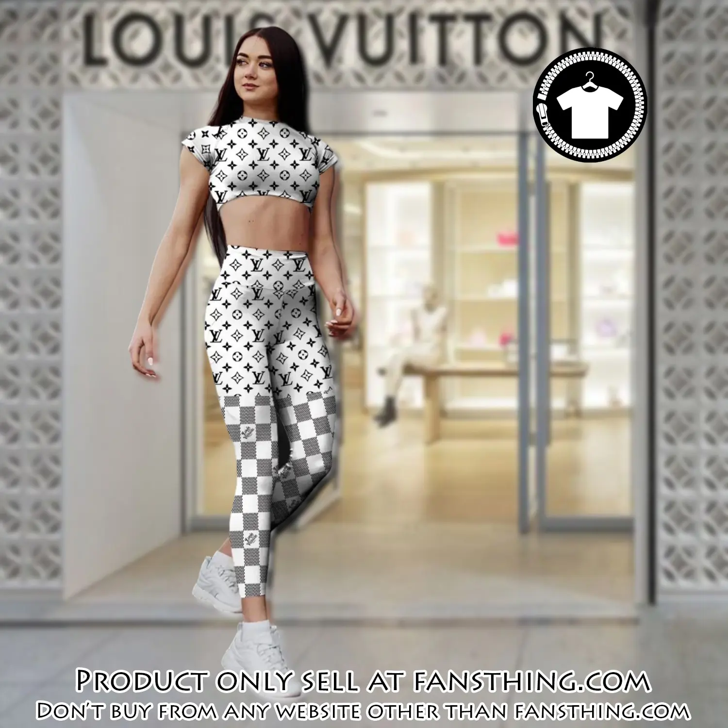 White checkerboard louis vuitton sportwear combo luxury brand crop top tshirt and legging for women ctl1013 fst0259848